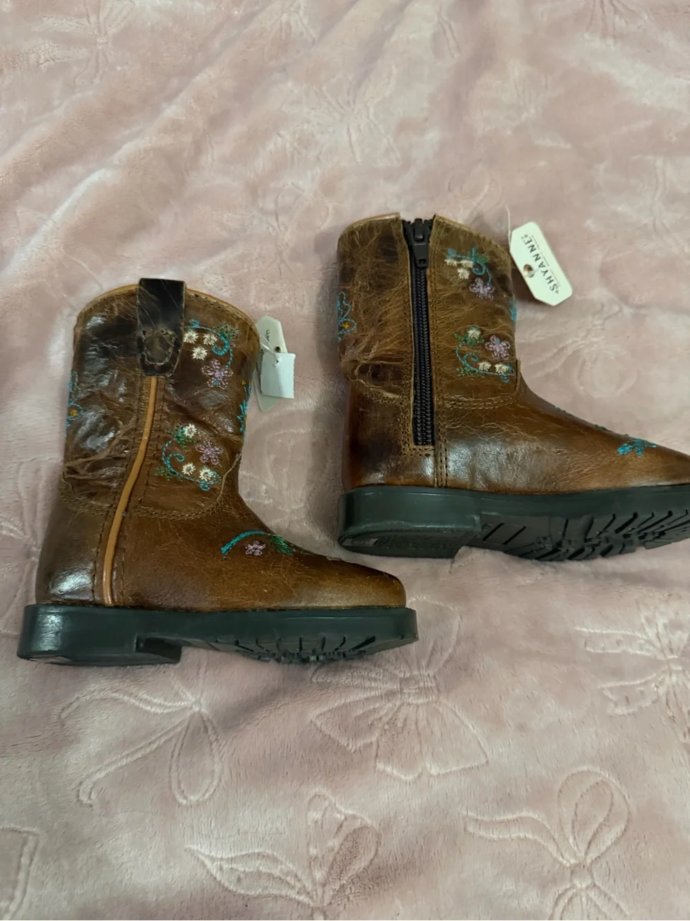 Shyanne Brown Leather Kids Floral Western Boots with Turquoise Accents